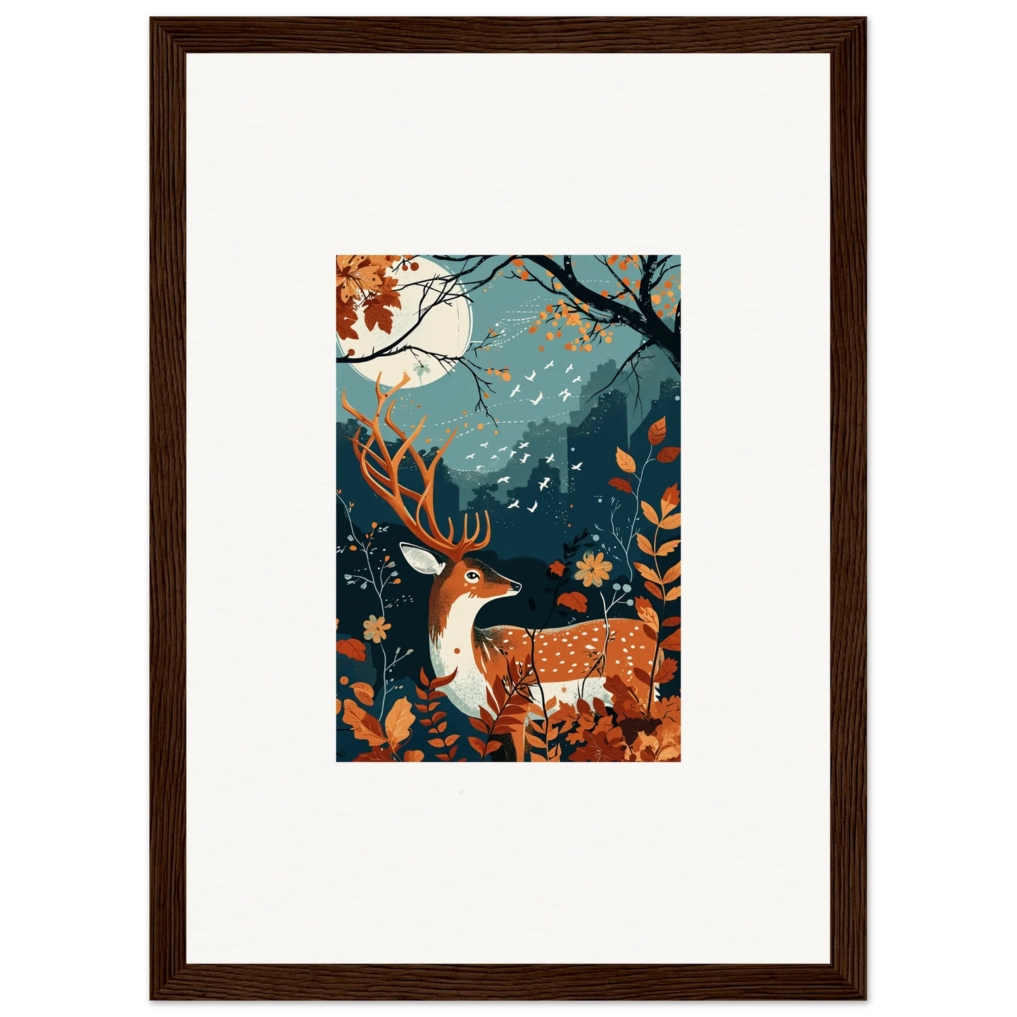 Framed wall art of a deer in an autumn forest for stylish room decor