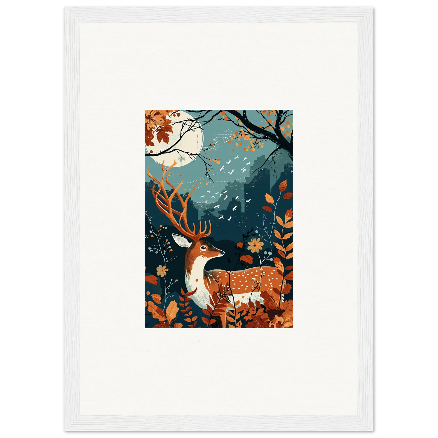 Framed wall art of a deer in autumn forest under moonlight for starlight coalescence room decor