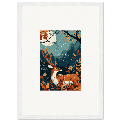 Framed wall art of a deer in autumn forest under moonlight for starlight coalescence room decor