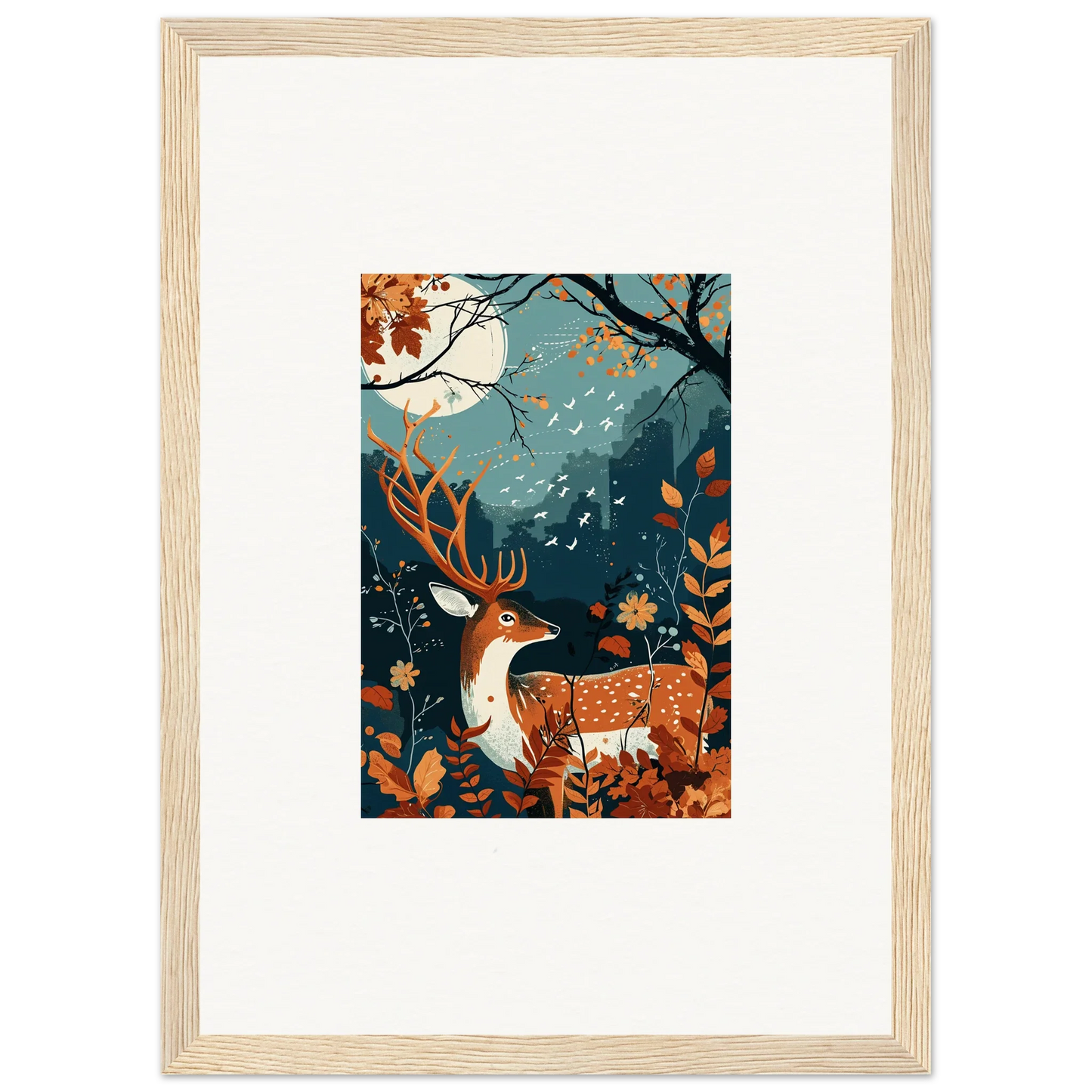 Framed wall art of a deer in an autumn forest under full moon for room decor