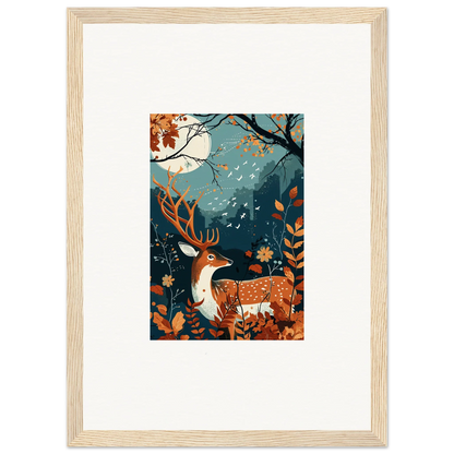 Framed wall art of a deer in an autumn forest under full moon for room decor