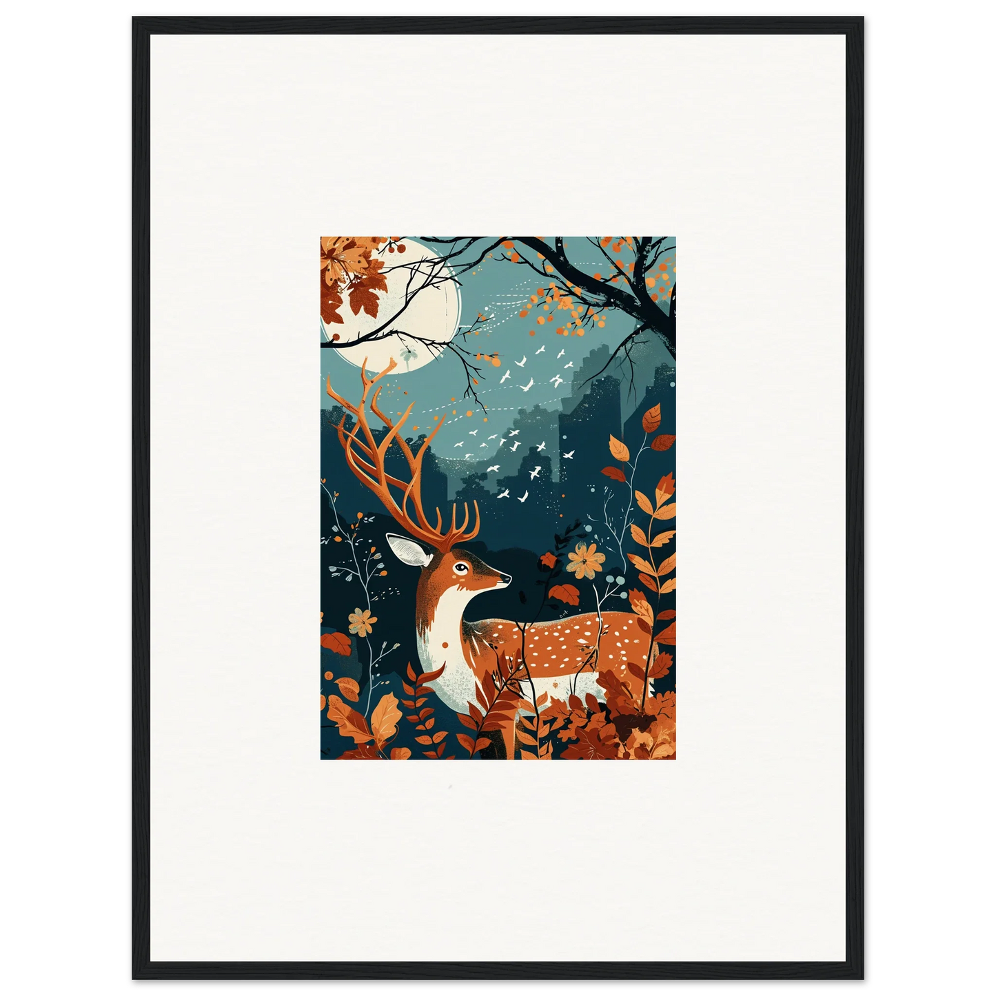 Framed wall art of a deer in an autumn forest for starlight coalescence room decor