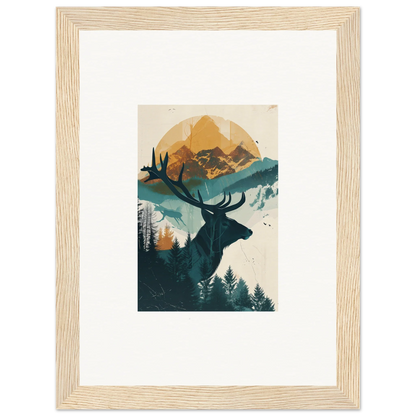 Framed wall art of deer silhouette in a mountain landscape for reflection solace room decor