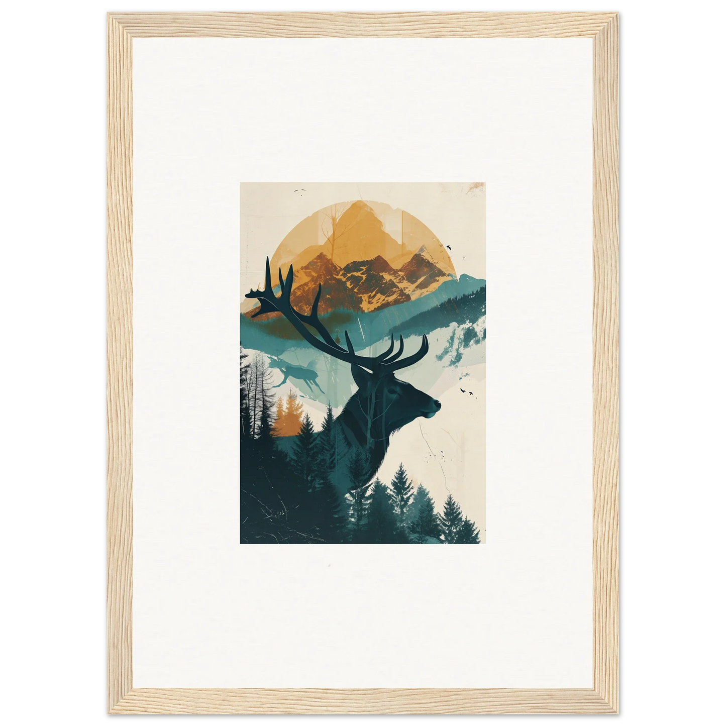 Framed wall art of a deer silhouette in a mountain landscape for reflection solace