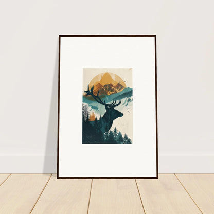 Framed wall art of a deer silhouette in a mountain landscape for reflection solace