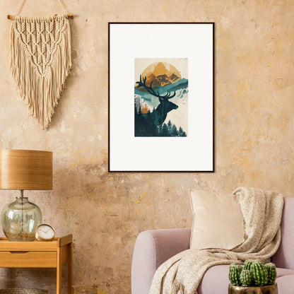 Framed wall art of a deer silhouette in a mountainous scene for reflection solace room decor