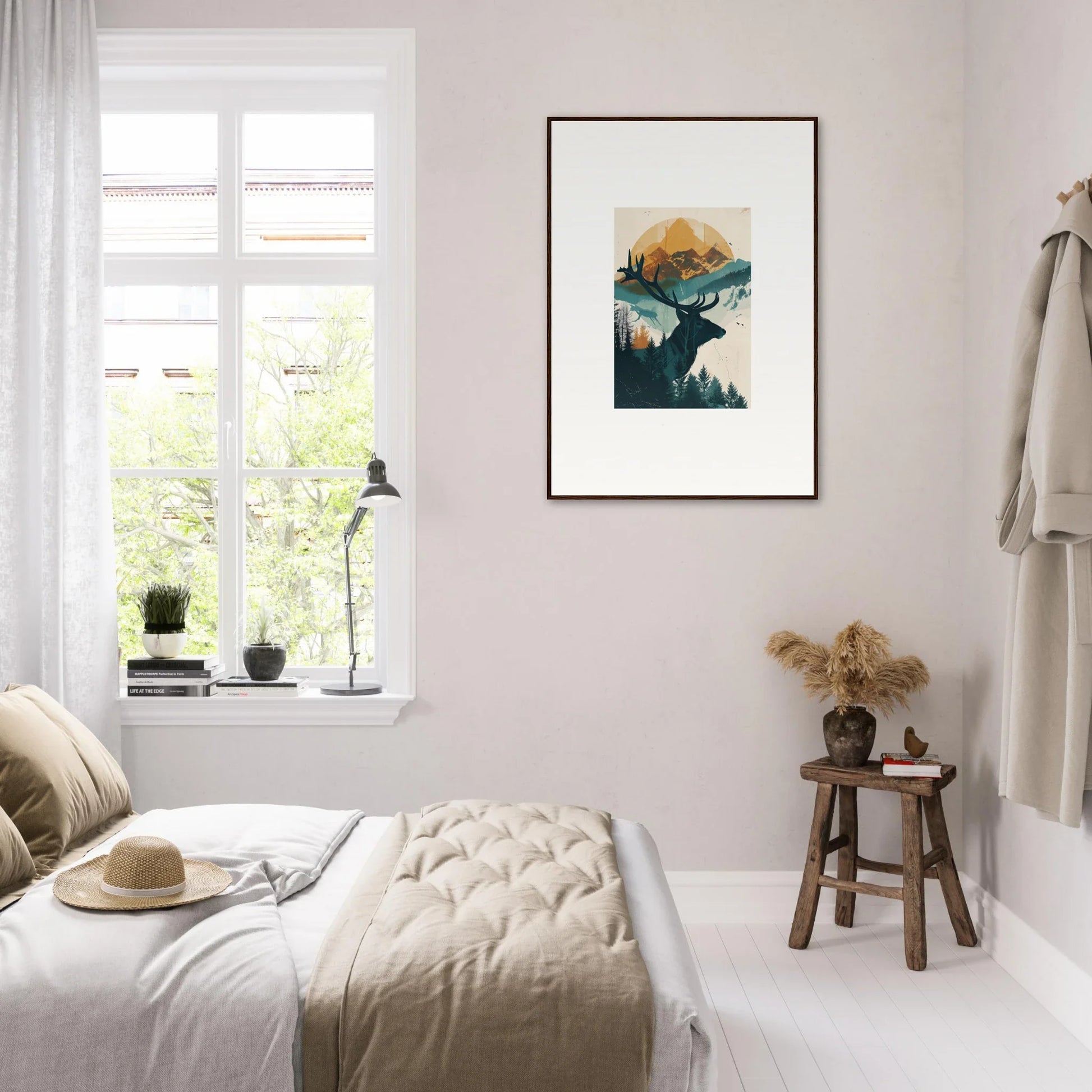 Framed wall art of a deer silhouette filled with a mountain landscape for reflection solace