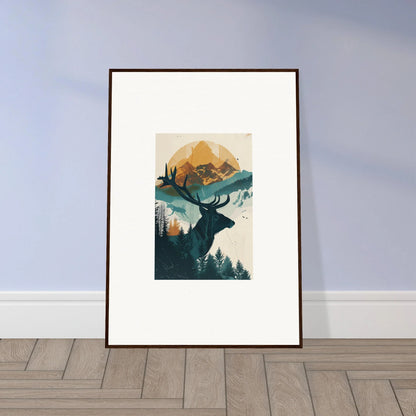 Framed wall art featuring a deer silhouette in a mountain landscape for reflection solace