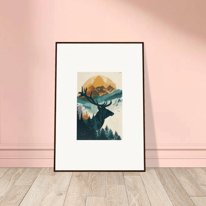 Framed wall art of a deer silhouette with a nature scene, ideal for reflection solace