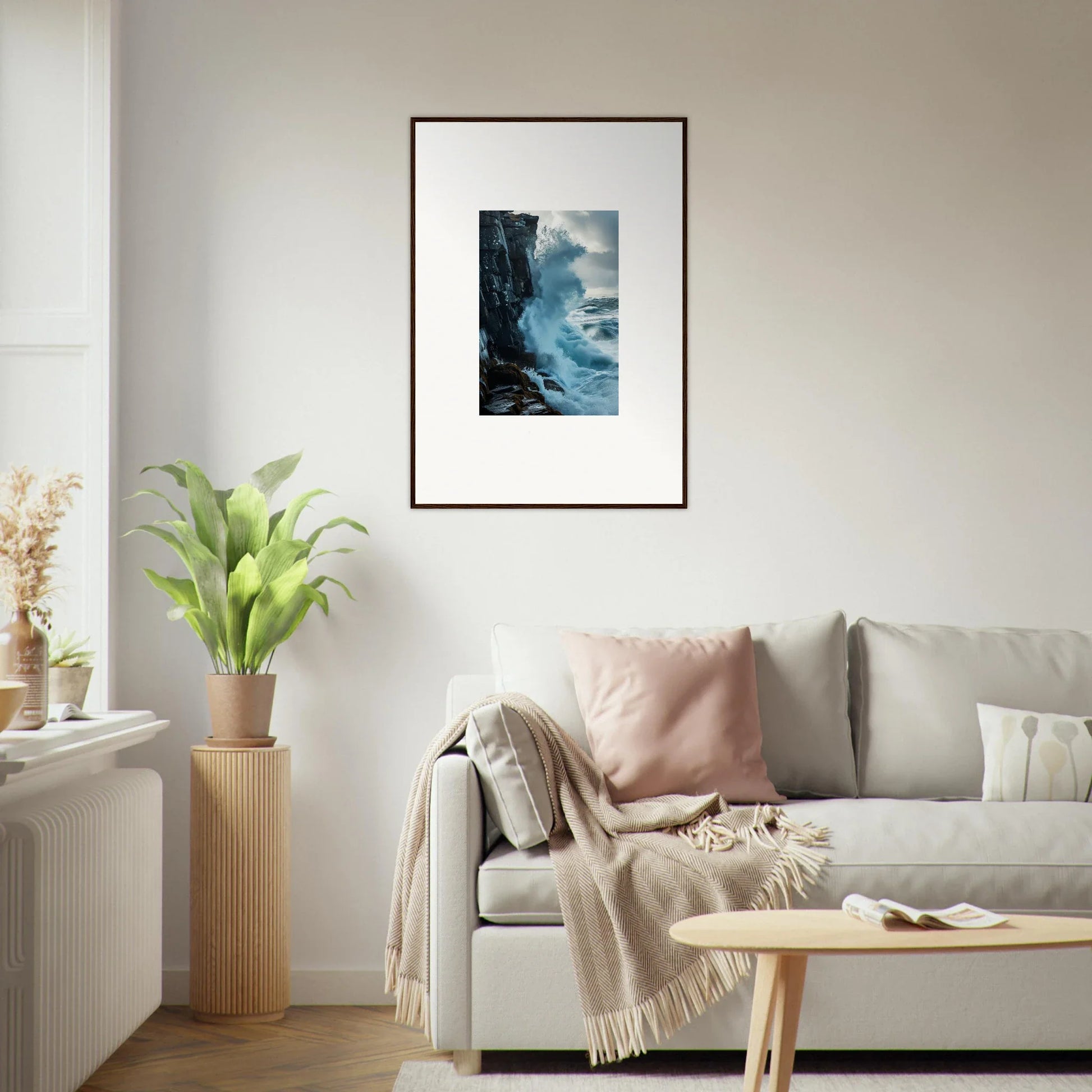 Framed wall art of a coastal cliff and crashing waves for stunning room decor