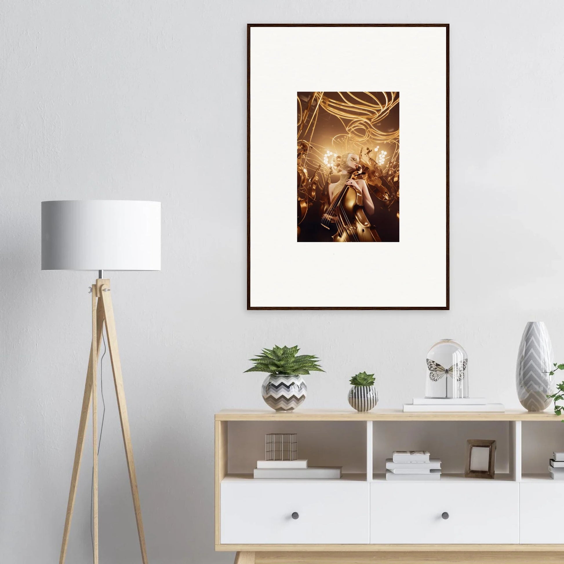 Framed wall art featuring Golden Harmony Enigma with dramatic figures and golden hues