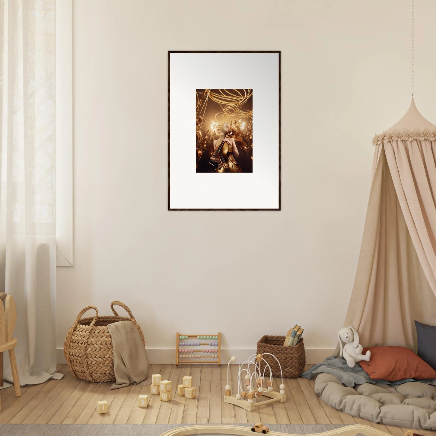 Framed wall art of a golden-hued scene, perfect for harmony enigma room decor