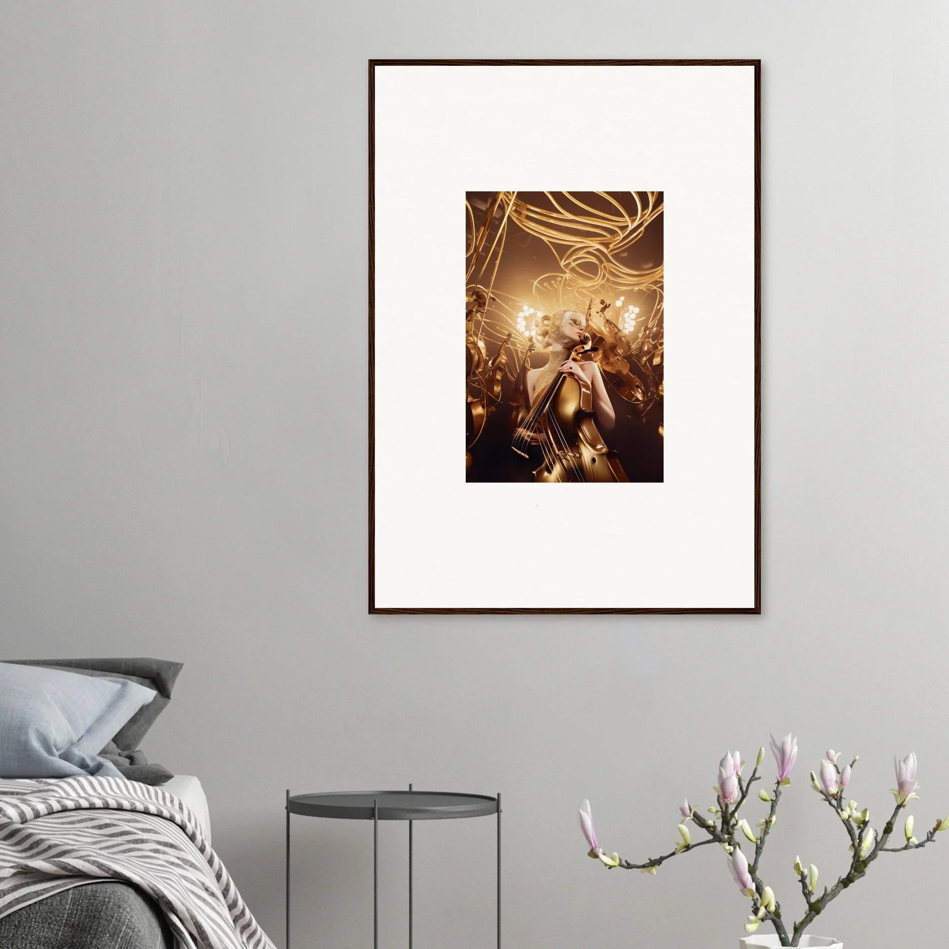 Framed wall art of Golden Harmony Enigma depicting a vibrant celebratory scene