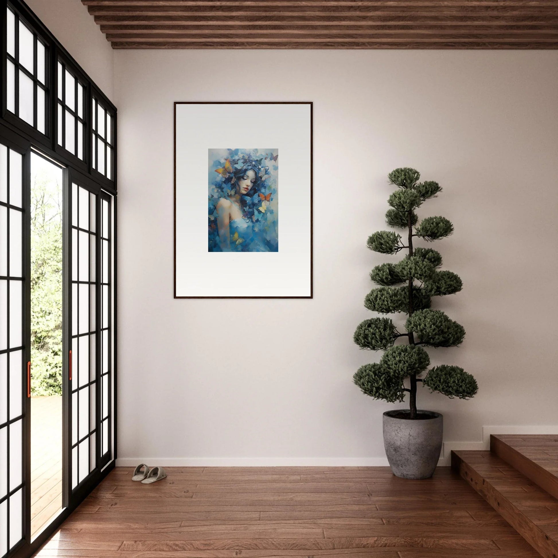 Framed wall art of a dreamy blue portrait with flowers for room decor, Dream Rhapsody