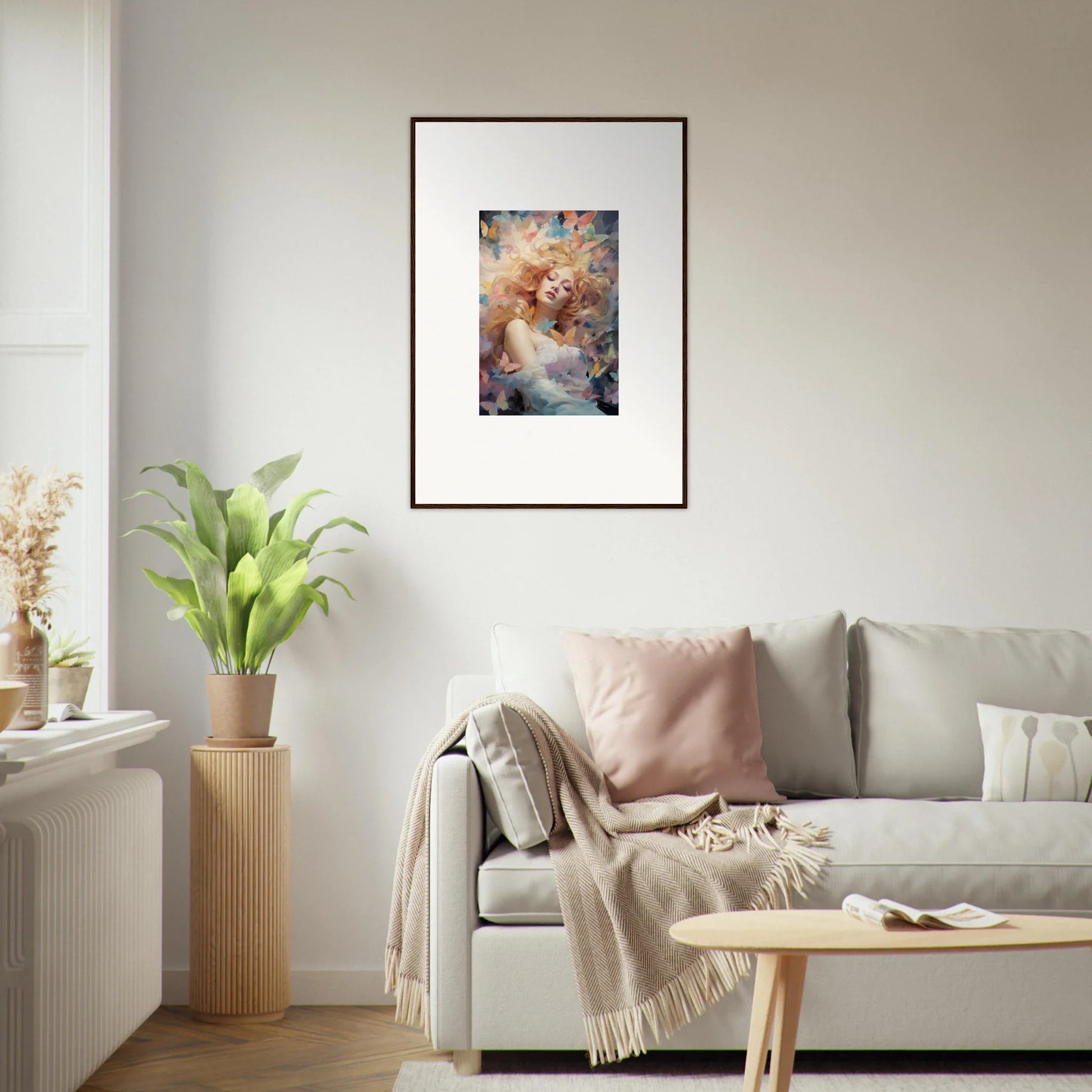 Framed wall art of a dreamy portrait in golden tones for stunning room decor