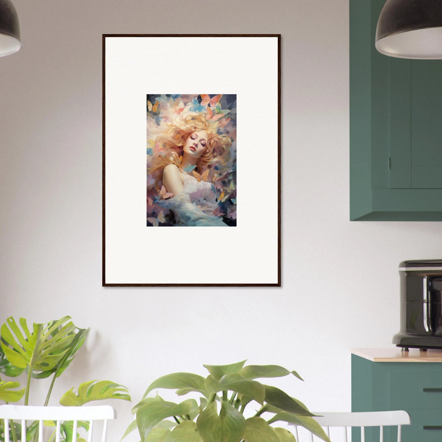 Dreamy framed wall art portrait with swirling colors for elegant room decor