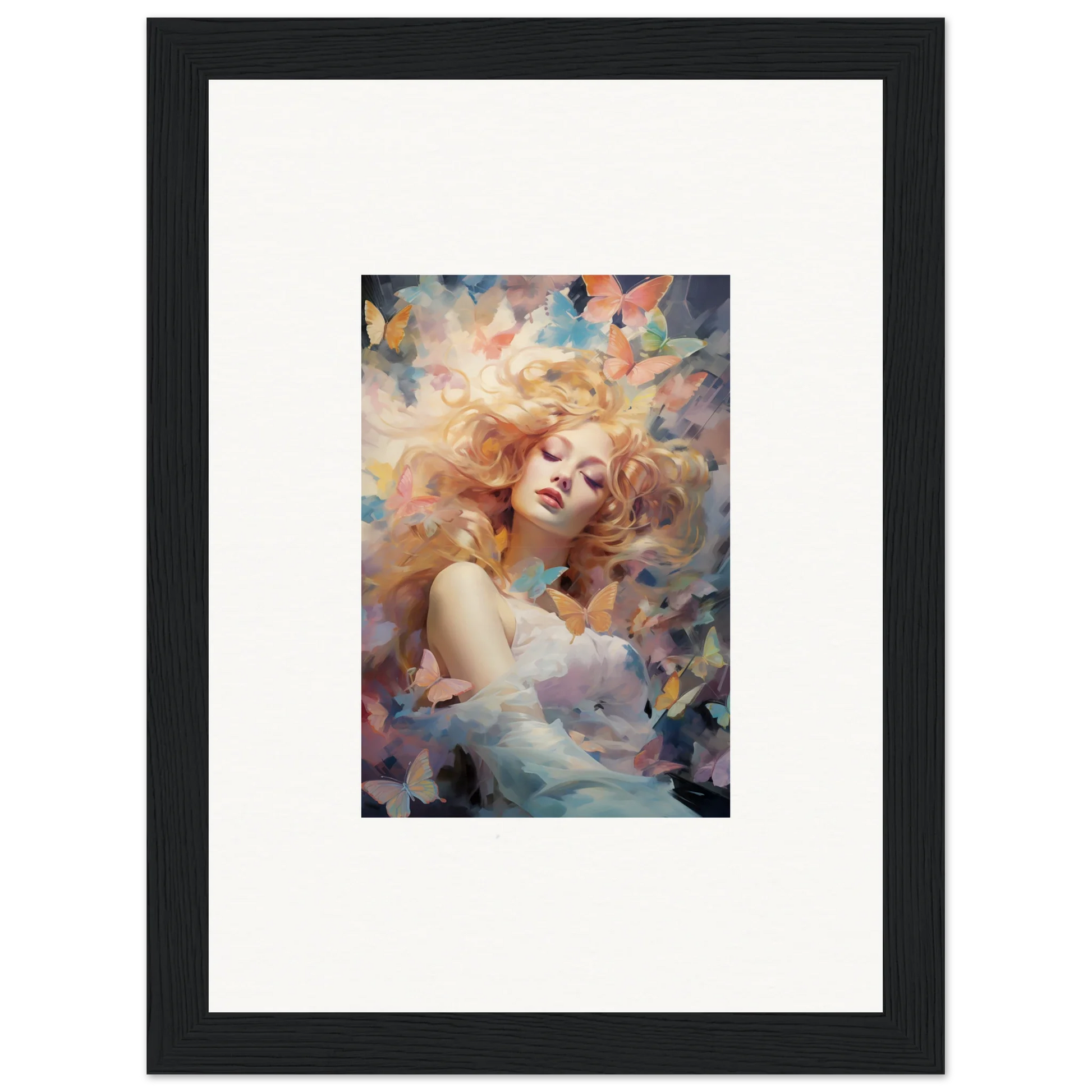 Dreamy portrait with flowing hair and butterflies in framed wall art for room decor