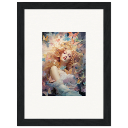 Dreamy portrait with flowing hair and butterflies in framed wall art for room decor