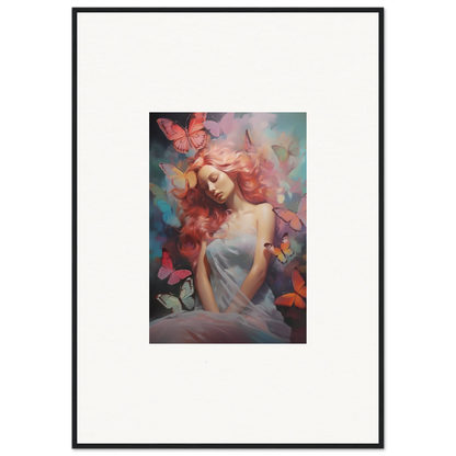 Framed wall art of a dreamy woman with butterflies for unique room decor