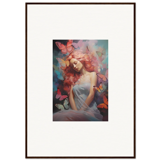 Framed wall art of a woman in a dream stream, surrounded by colorful butterflies