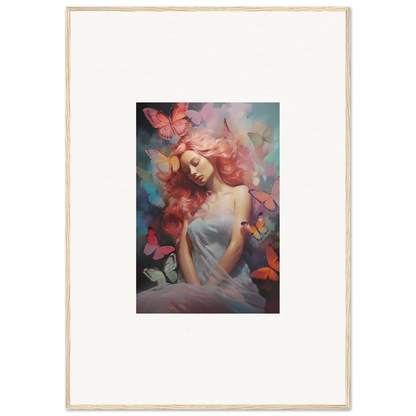 Framed wall art of a woman in a dream stream with colorful butterflies for room decor