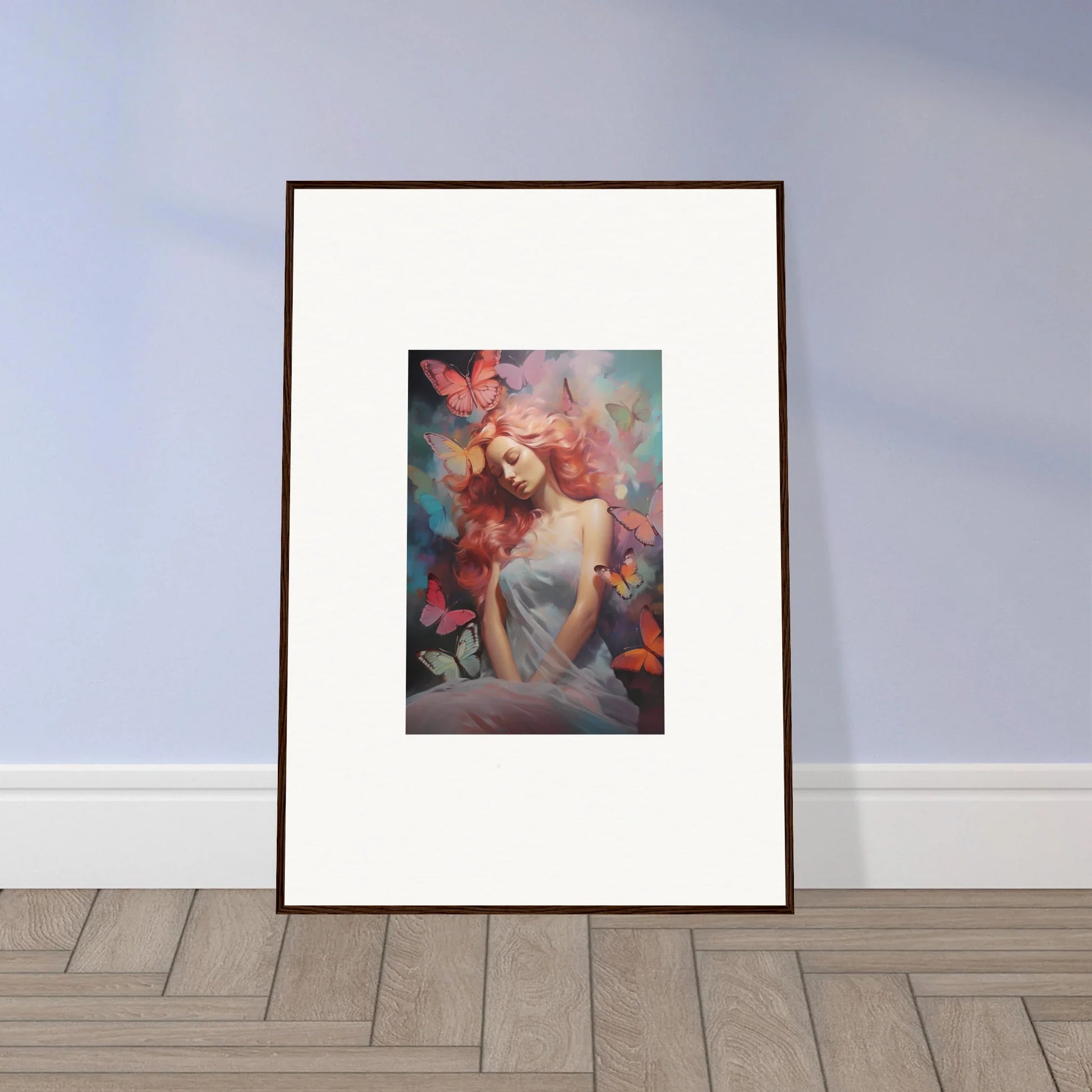 Framed wall art of a dreamy red-haired woman in ethereal colors for room decor