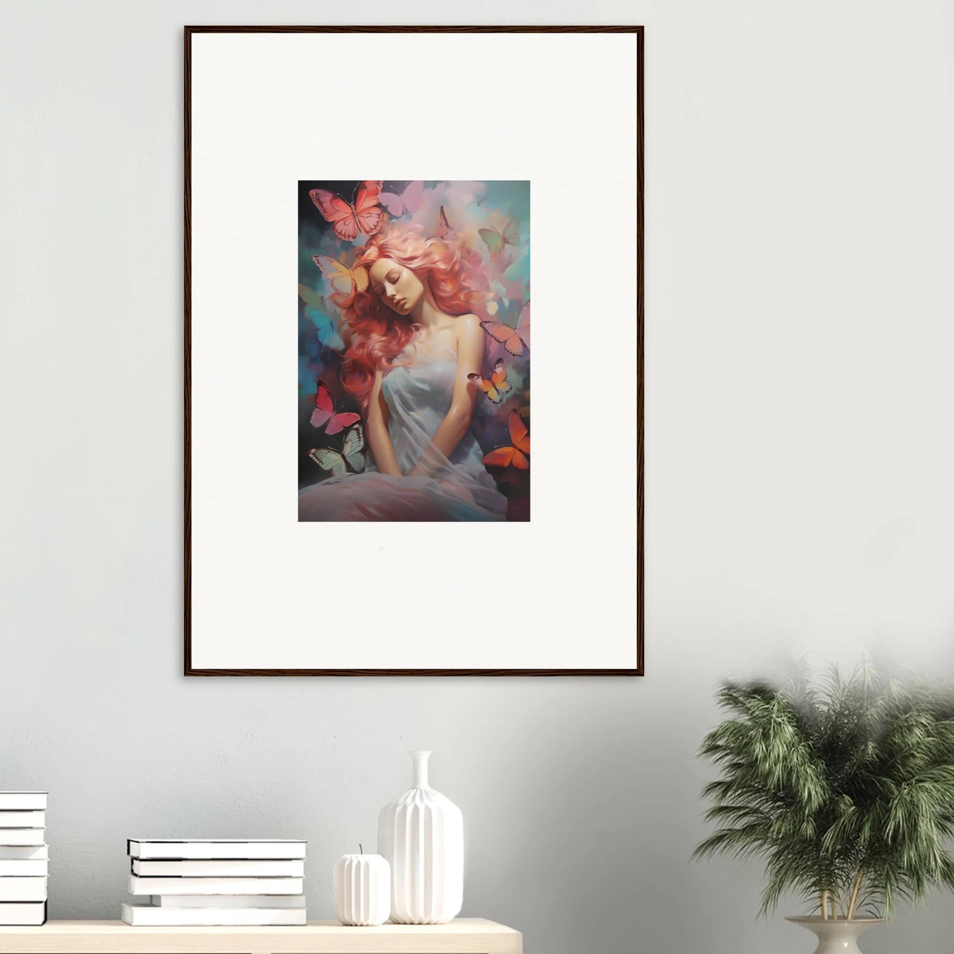 Framed wall art of a dreamy woman with pink hair and butterflies for room decor