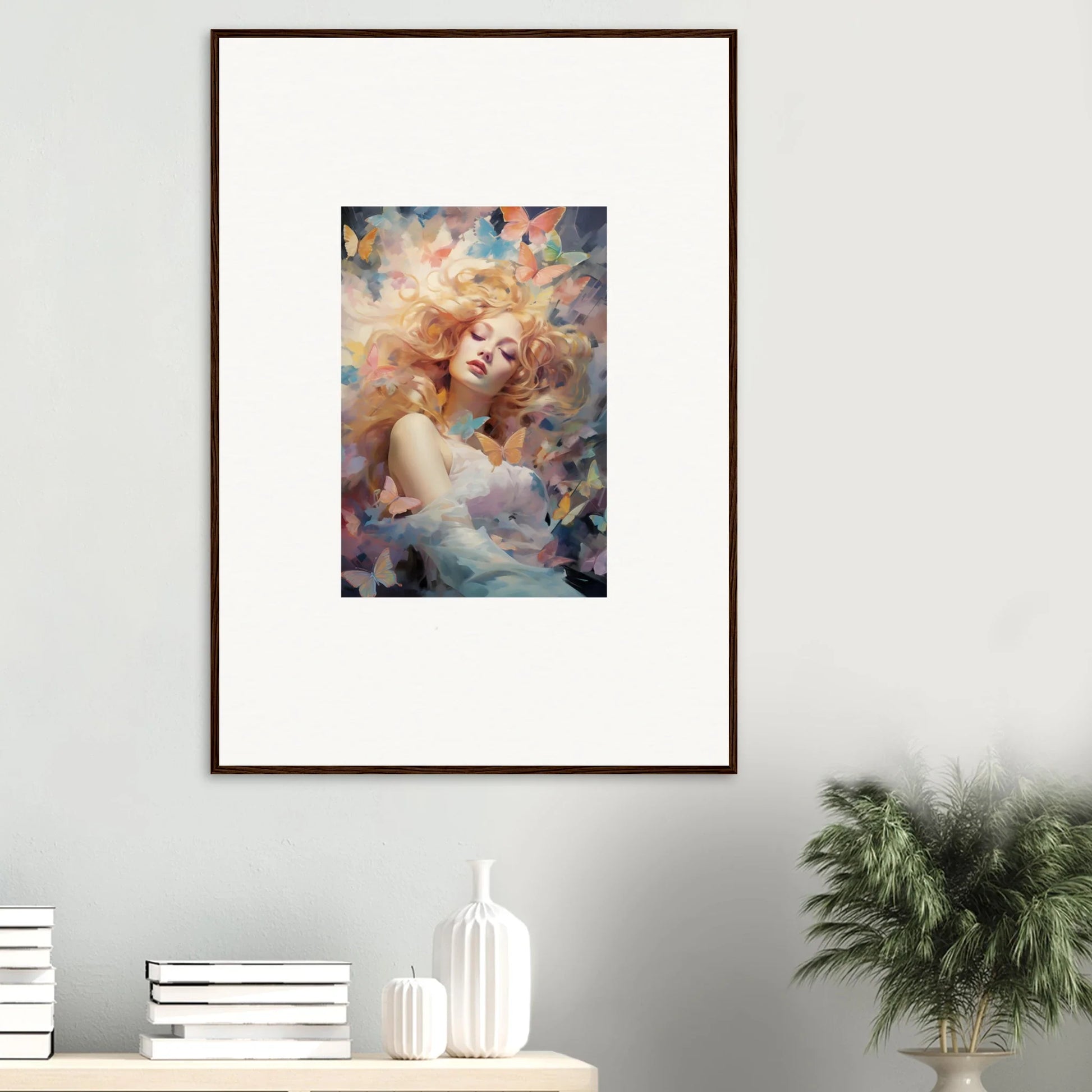 Framed wall art of a dreamy woman portrait for elegant room decor and canvas prints