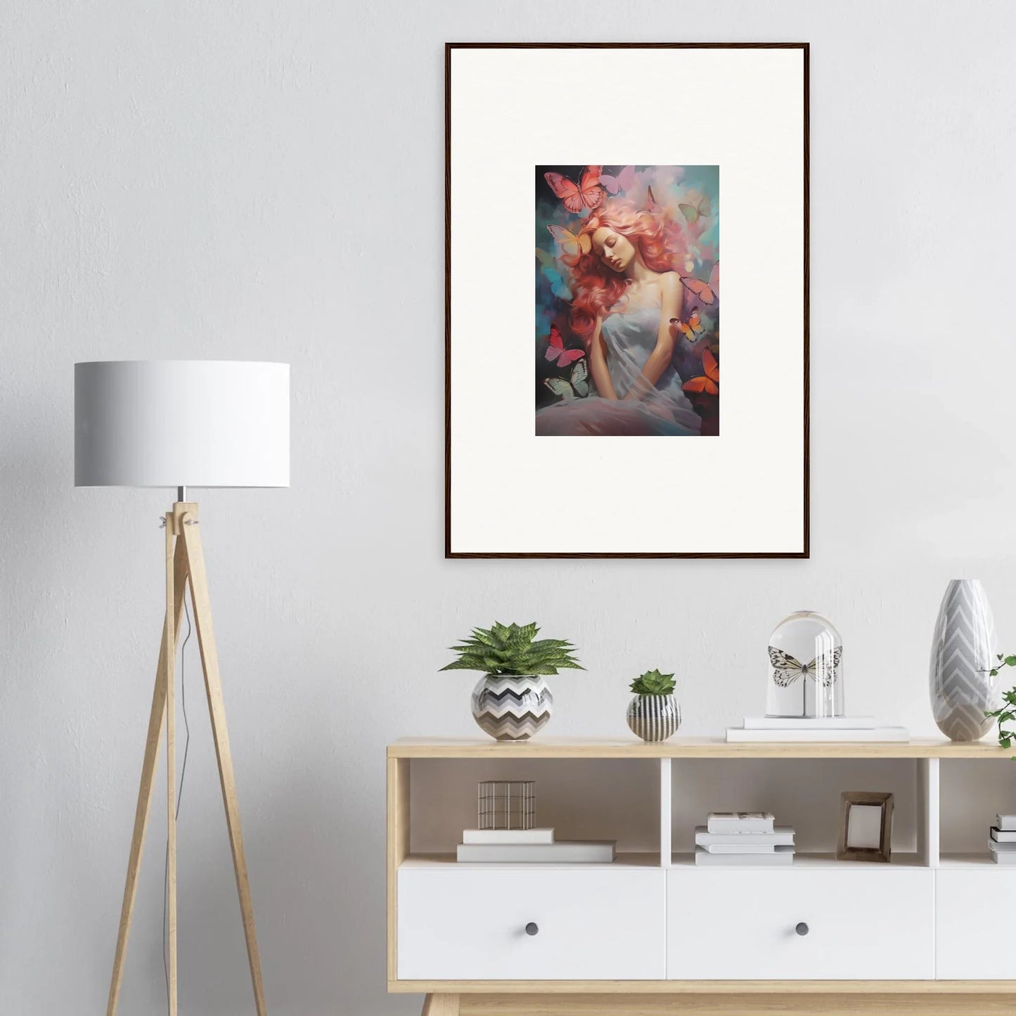 Framed wall art of a dreamy woman in colorful elements for ideal room decor