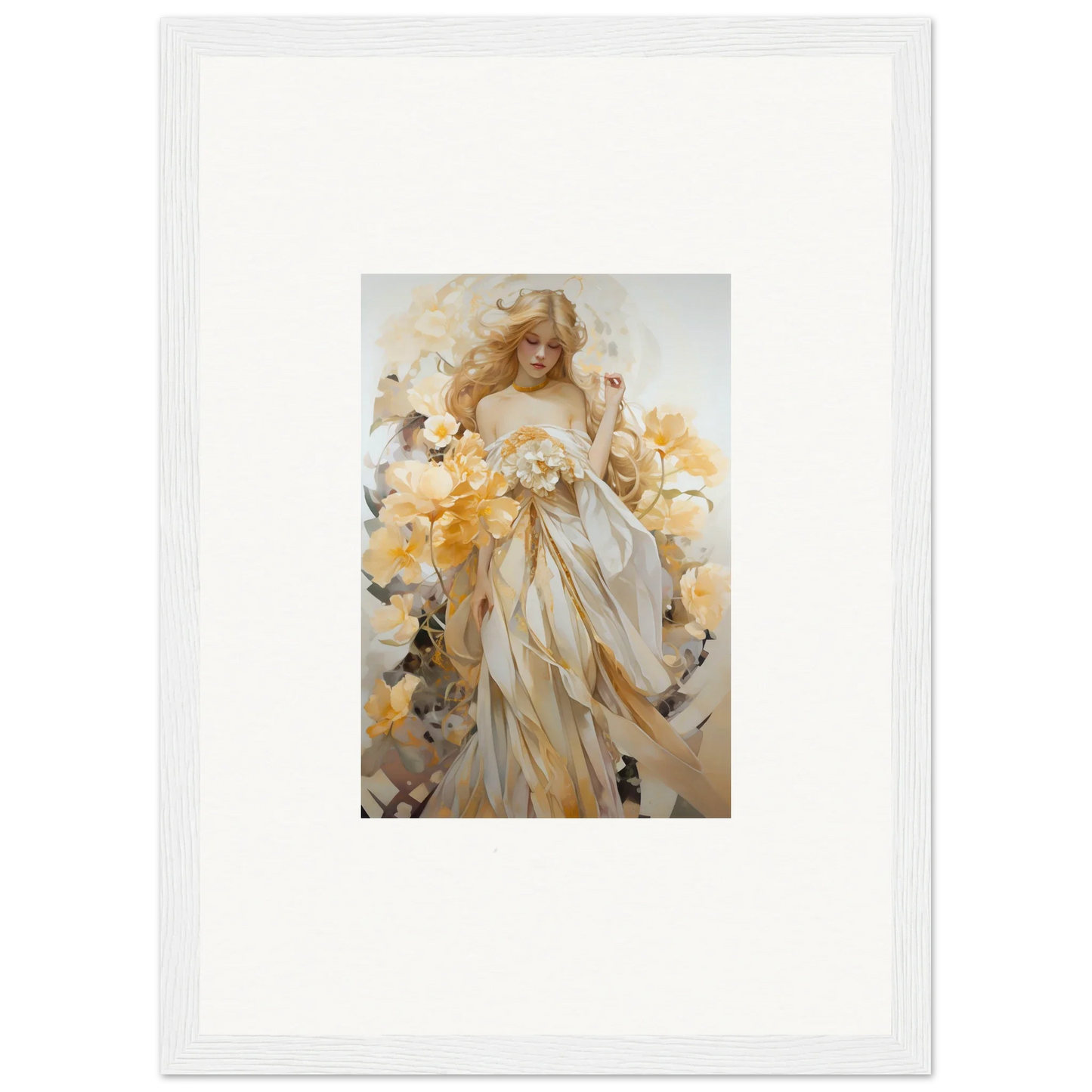 Framed wall art of an ethereal female figure in blossom sway surrounded by flowers