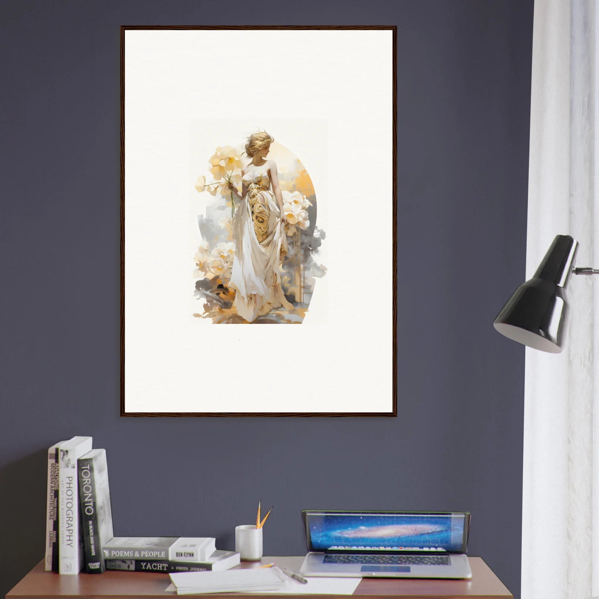 Framed wall art of a female figure in a white dress for Blossom Dream room decor