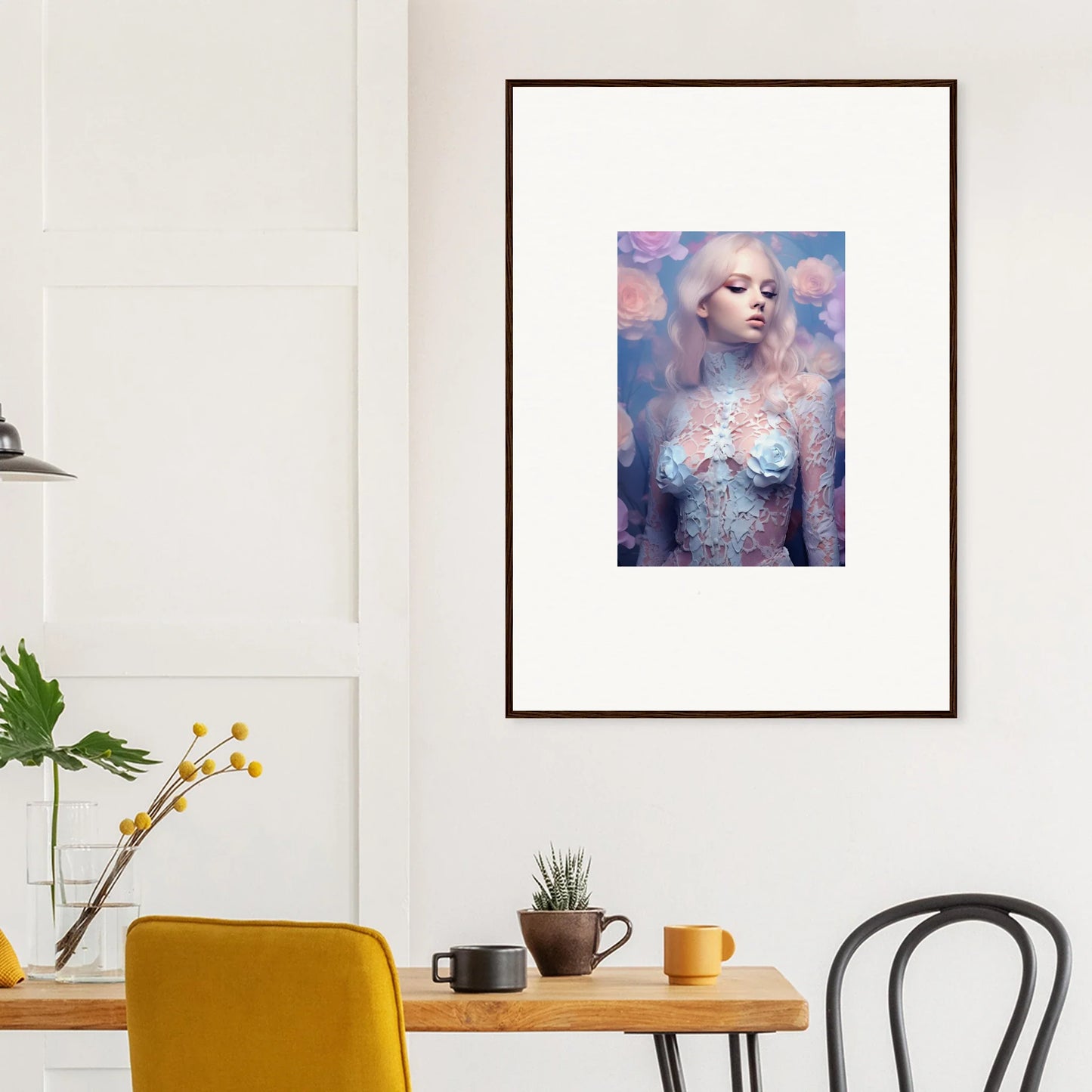 Framed wall art of an ethereal female figure in colorful petal vapor background