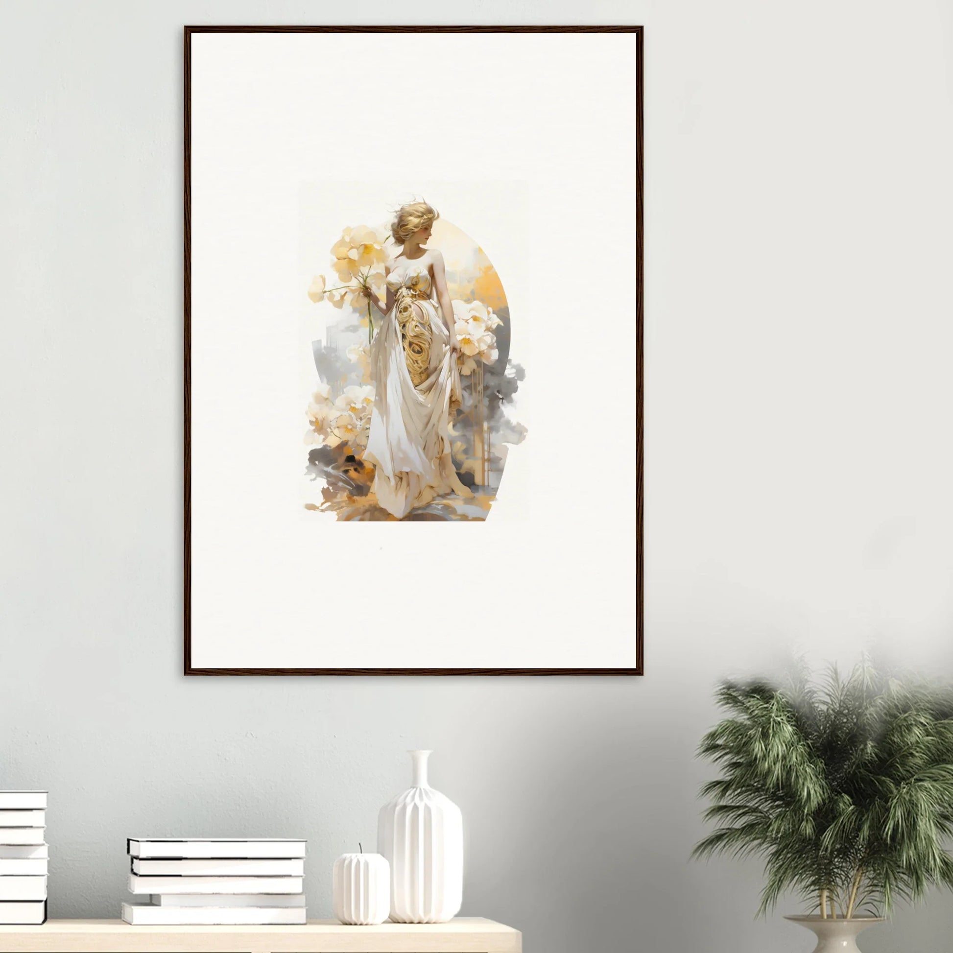 Framed wall art of an ethereal female figure in a blossom dream for room decor