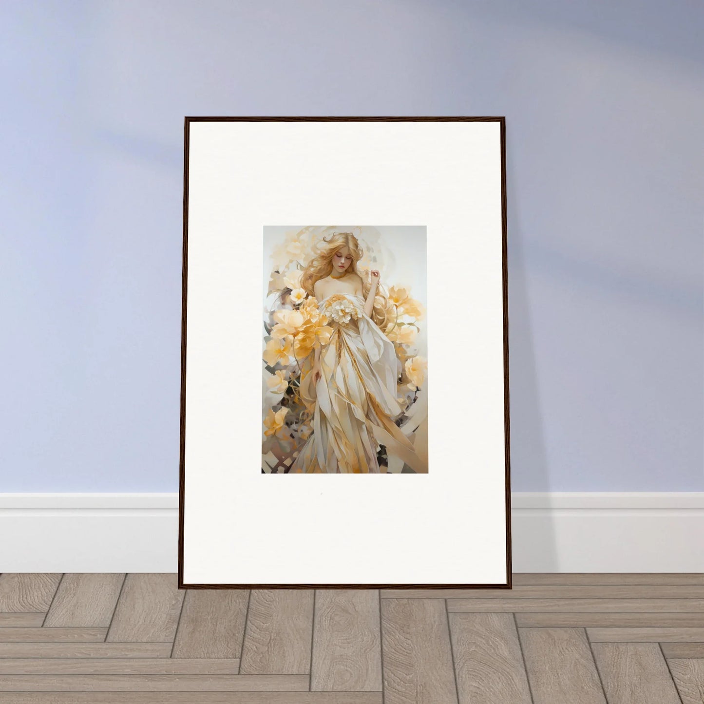 Framed wall art of an ethereal female figure in a flowing dress and cherubs for decor