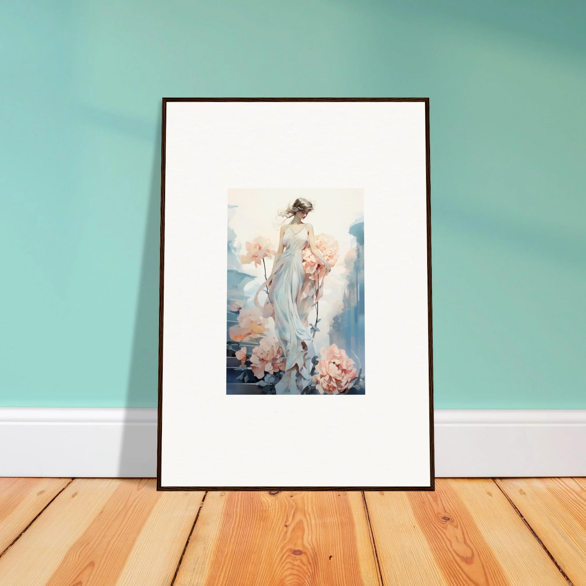 Framed wall art of a floral ballet featuring an ethereal female figure in pastel colors