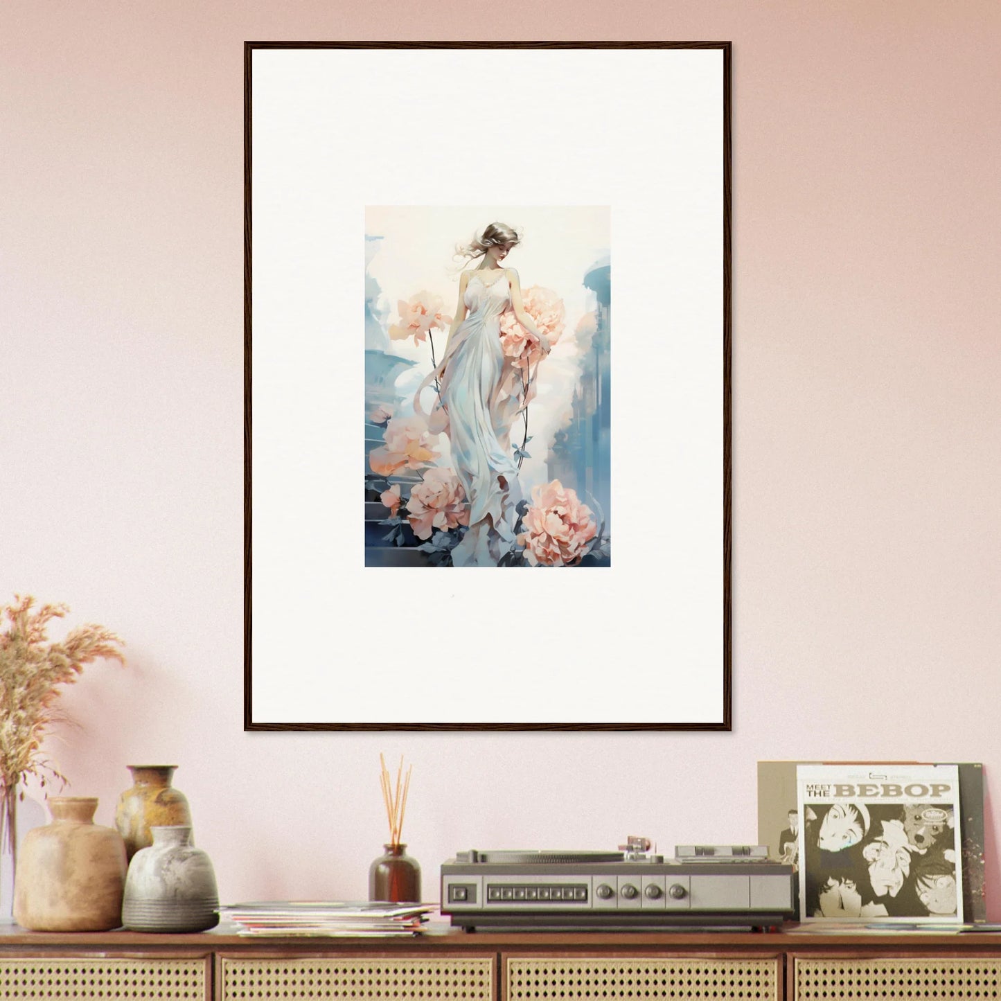 Framed wall art of an ethereal feminine figure in floral ballet design for room decor