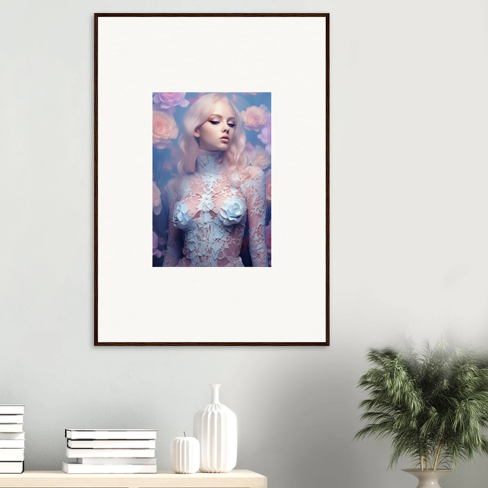 Framed wall art of an ethereal feminine figure in petal vapor-inspired room decor