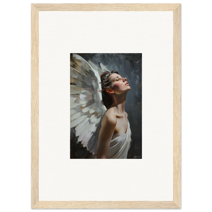 Framed wall art of an ethereal figure with wings for light orchard room decor