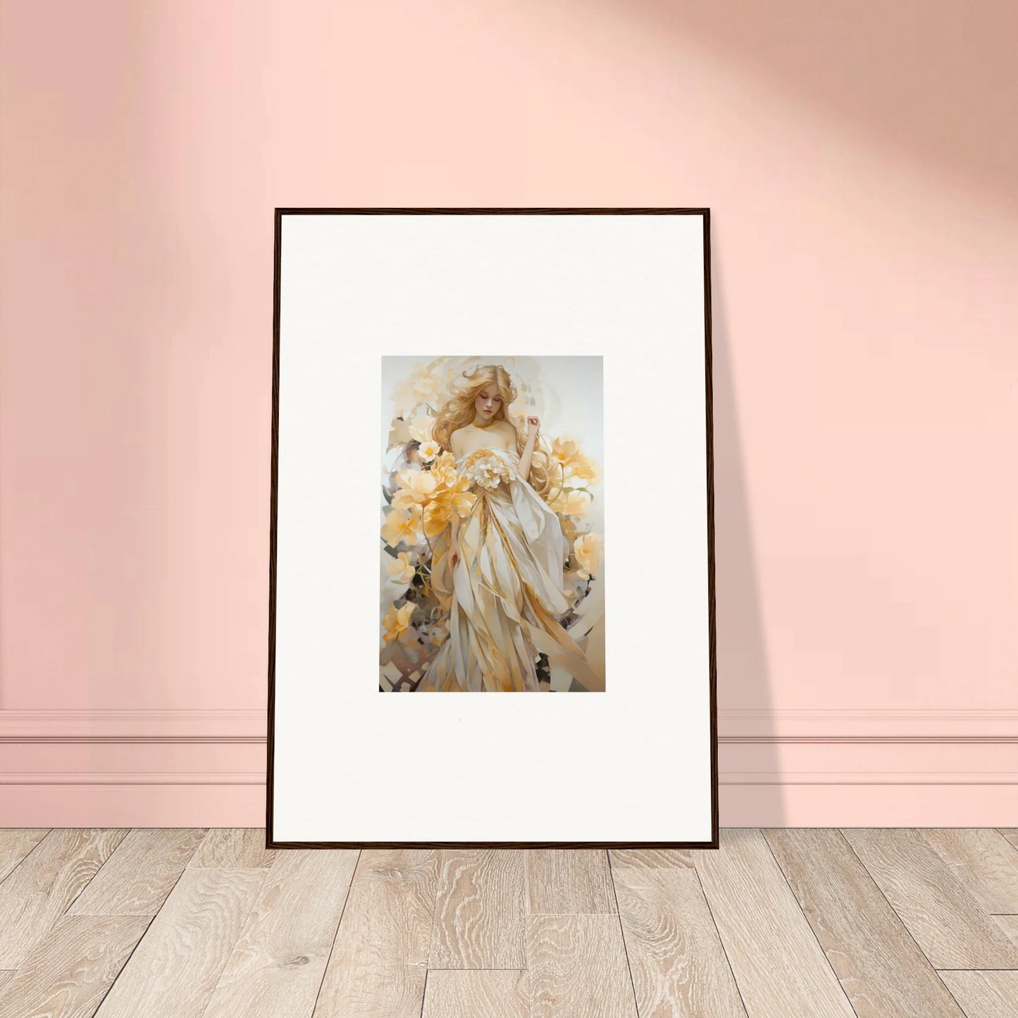 Framed wall art of an ethereal figure in gold and white for elegant room decor