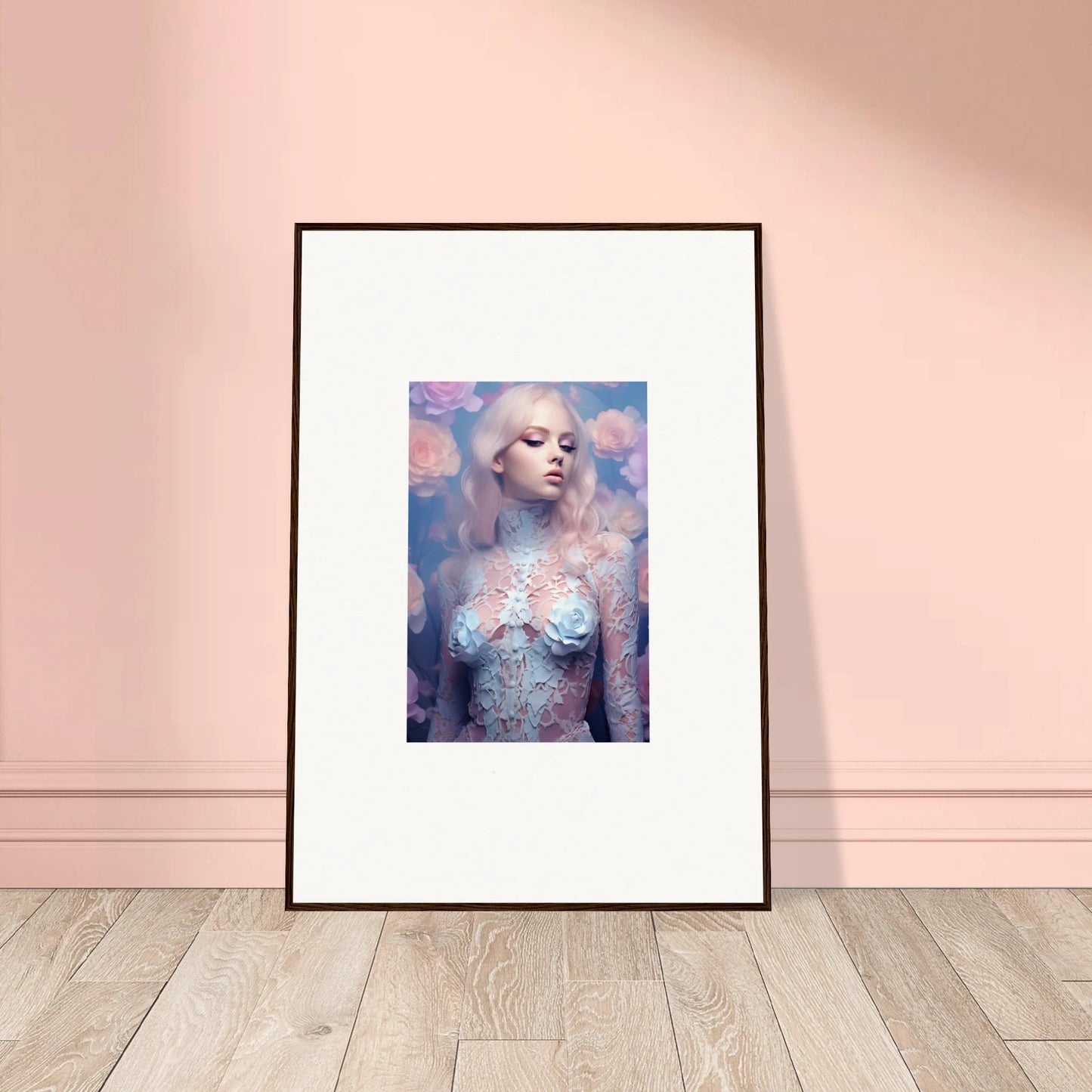 Framed wall art of ethereal figure with floral elements in petal vapor decor