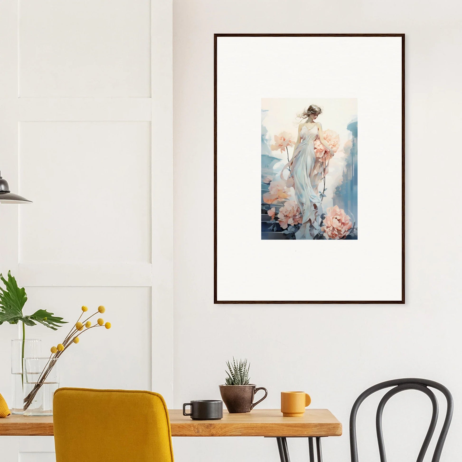 Framed wall art of an ethereal figure in pastel colors for Floral Ballet room decor