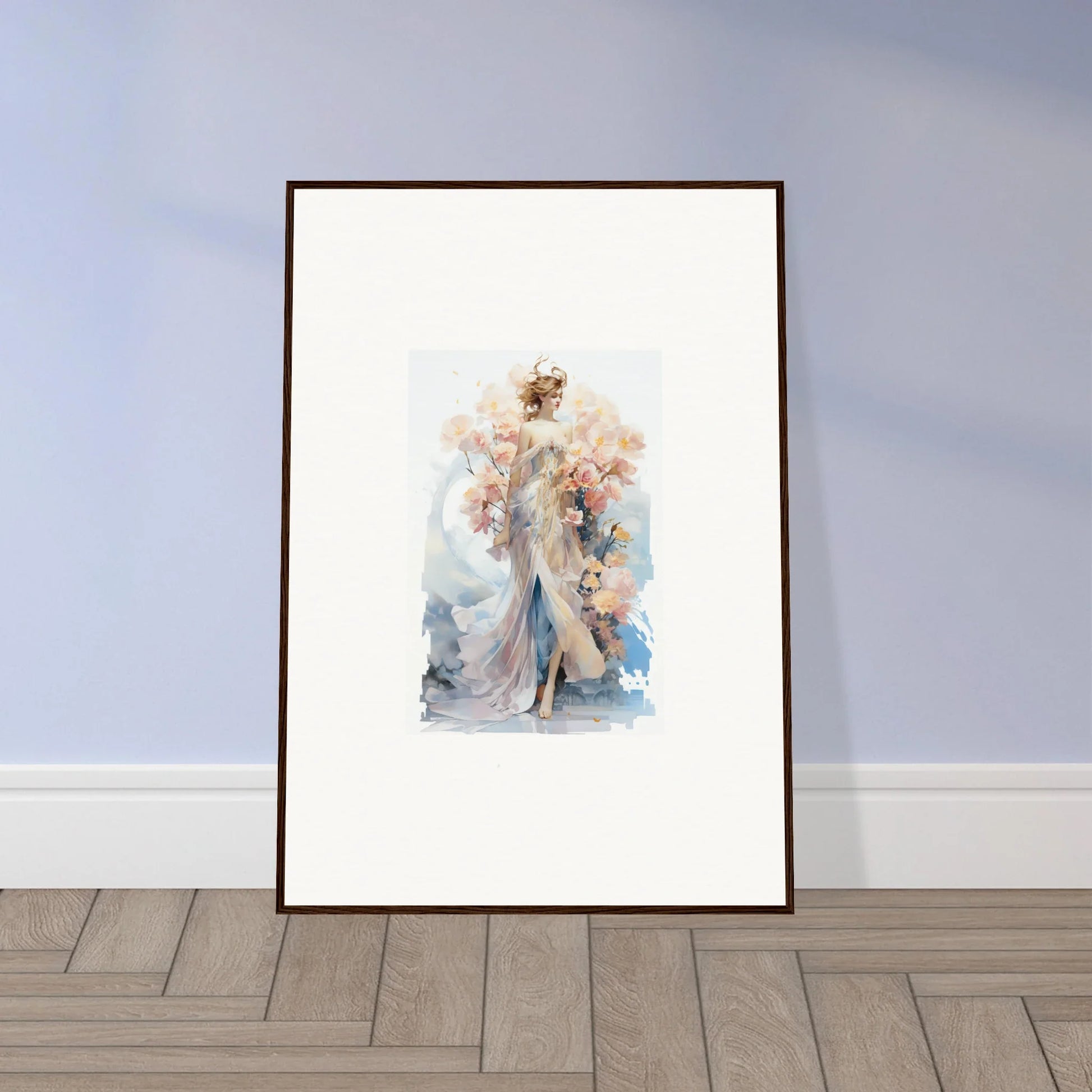 Framed wall art of an ethereal figure in white and blue for blush mirage room decor