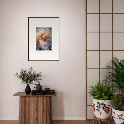 Framed wall art of an ethereal figure in colorful, dreamlike room decor