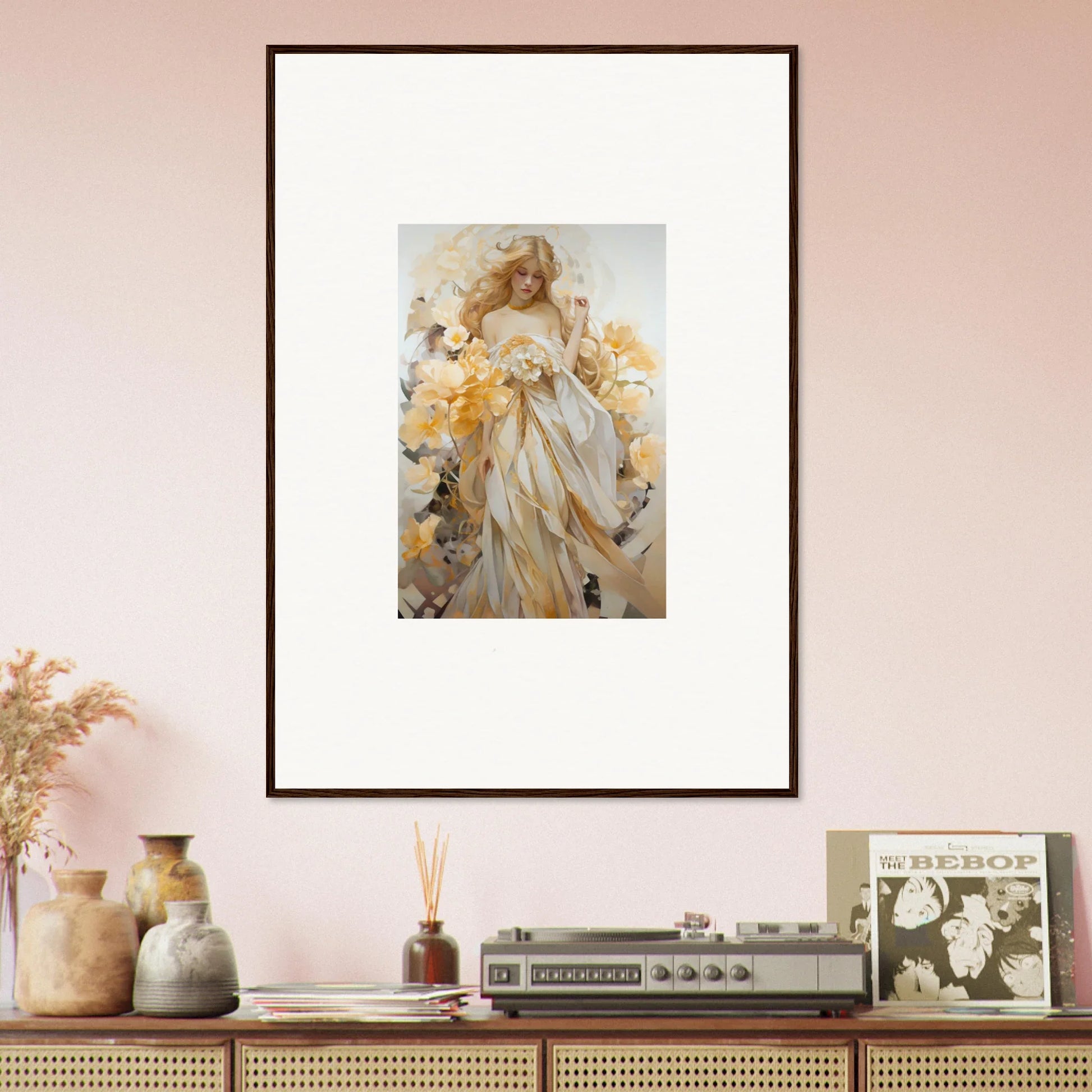 Framed wall art of an ethereal figure in golden attire, perfect for blossom sway room decor