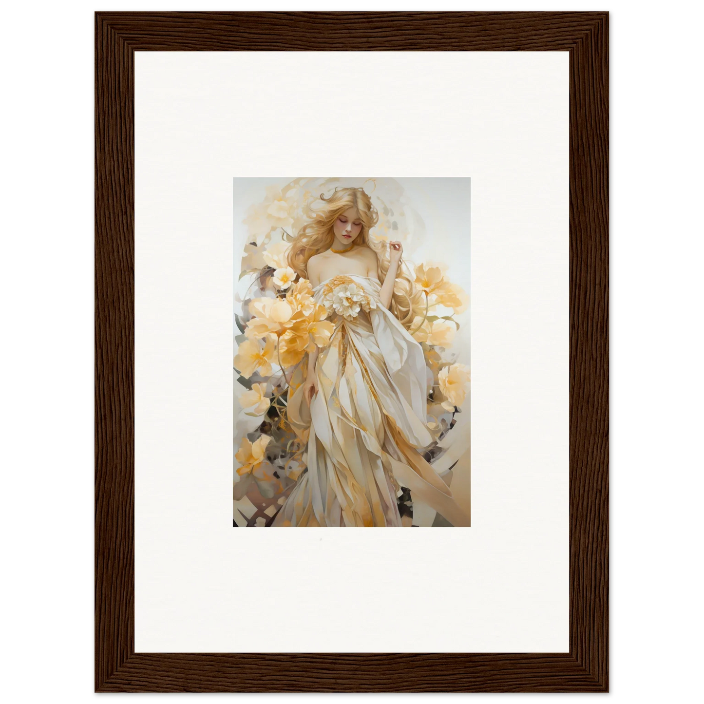 Framed wall art of an ethereal woman in white robes amidst a blossom sway scene