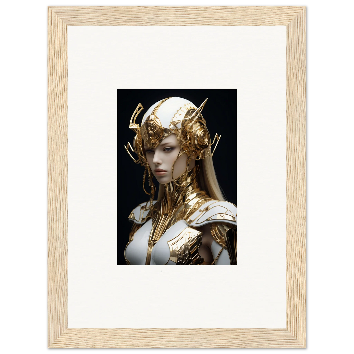 Framed wall art of a fantastical figure in golden armor, perfect for room decor