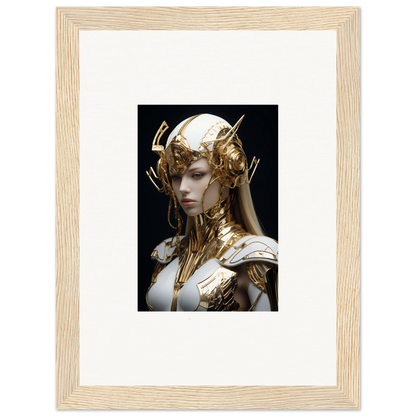 Framed wall art of a fantastical figure in golden armor, perfect for room decor