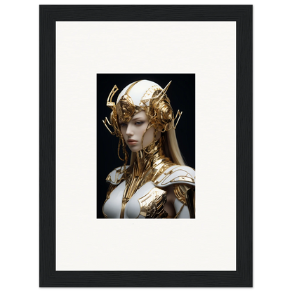 Framed wall art of a fantastical Elo Crowne figure with ornate golden headdress