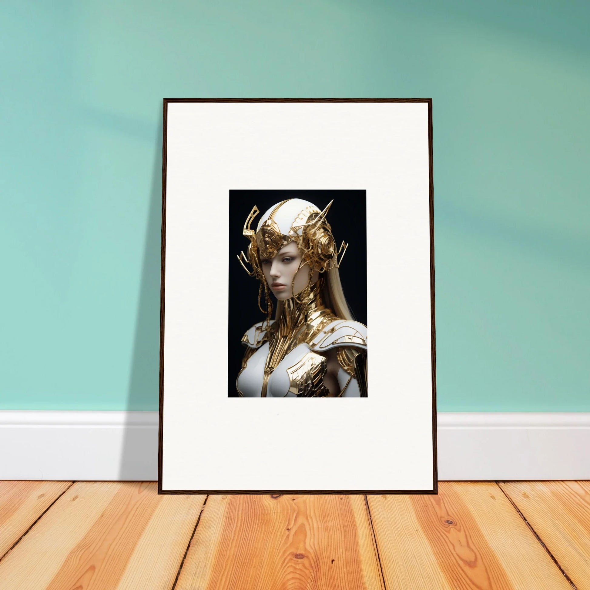 Framed wall art of a fantastical figure in gold, perfect for Elo Crowne room decor