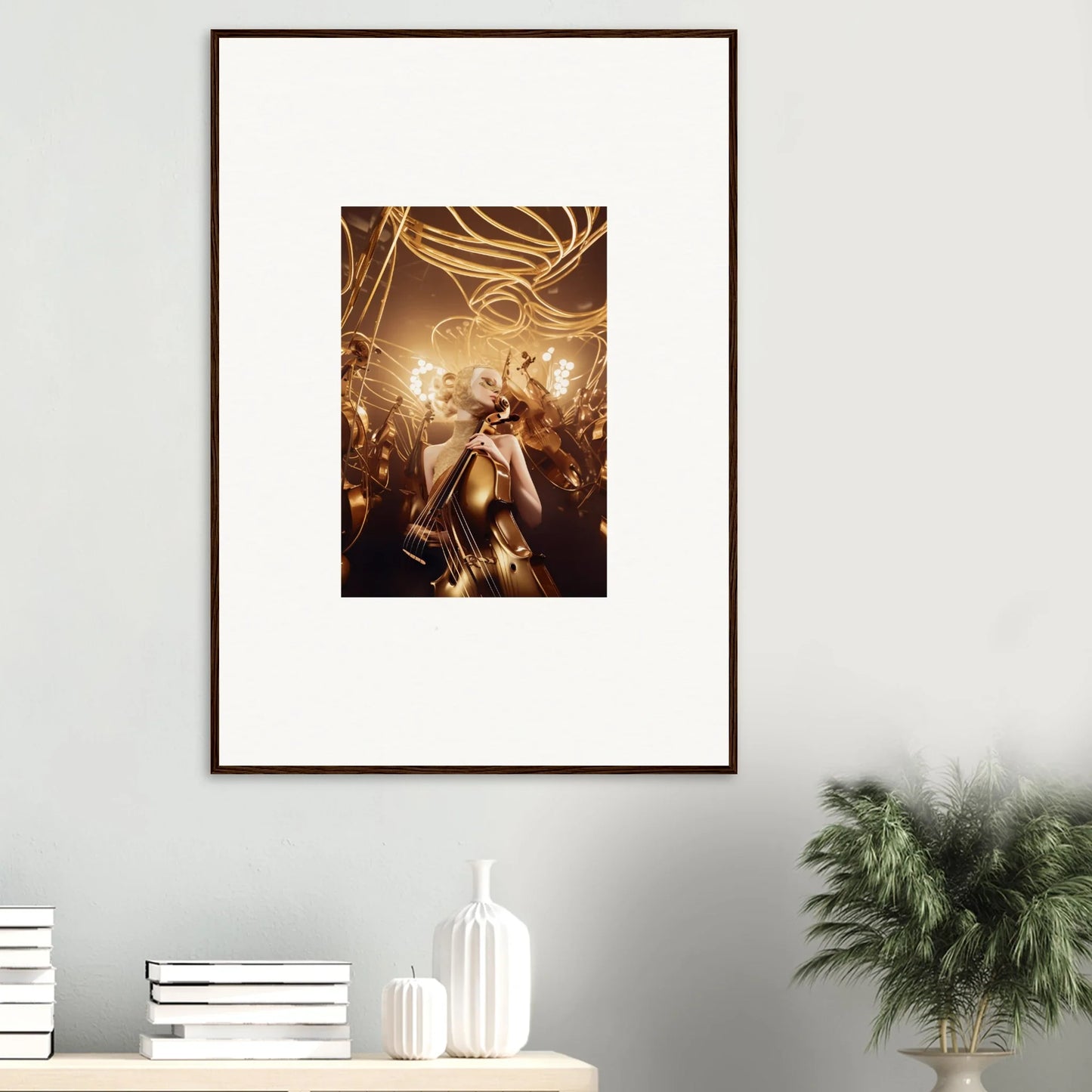 Framed wall art showcasing Golden Harmony Enigma with ethereal figures in harmony